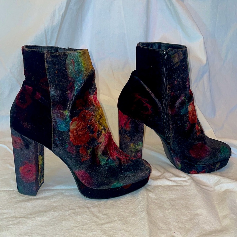 Killer Velvet Floral Platform Ankle Bootie